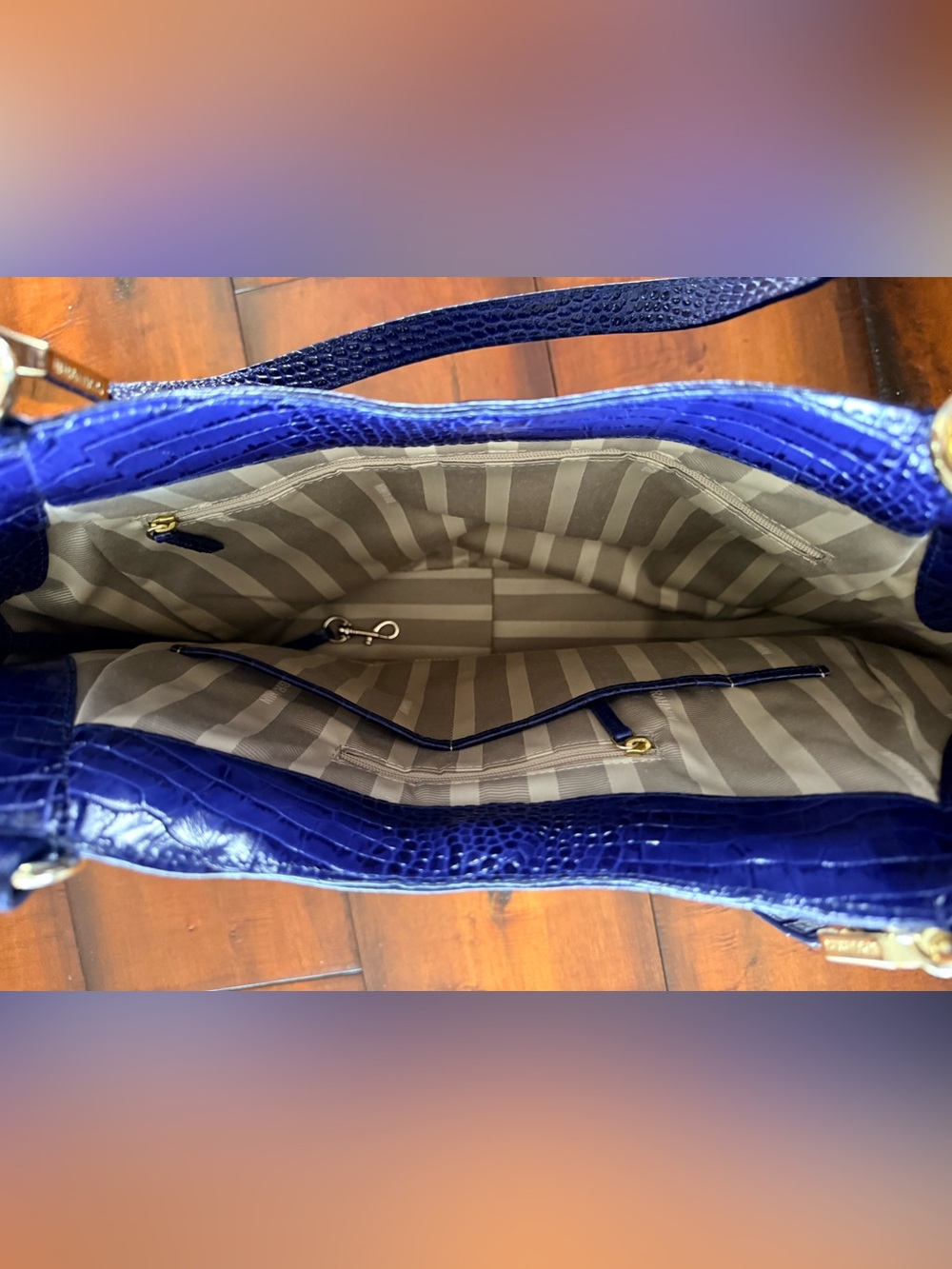 Brahmin Royal Blue Croc-Embossed Shoulder Tote with Ivory Accents - Picture 4 of 5